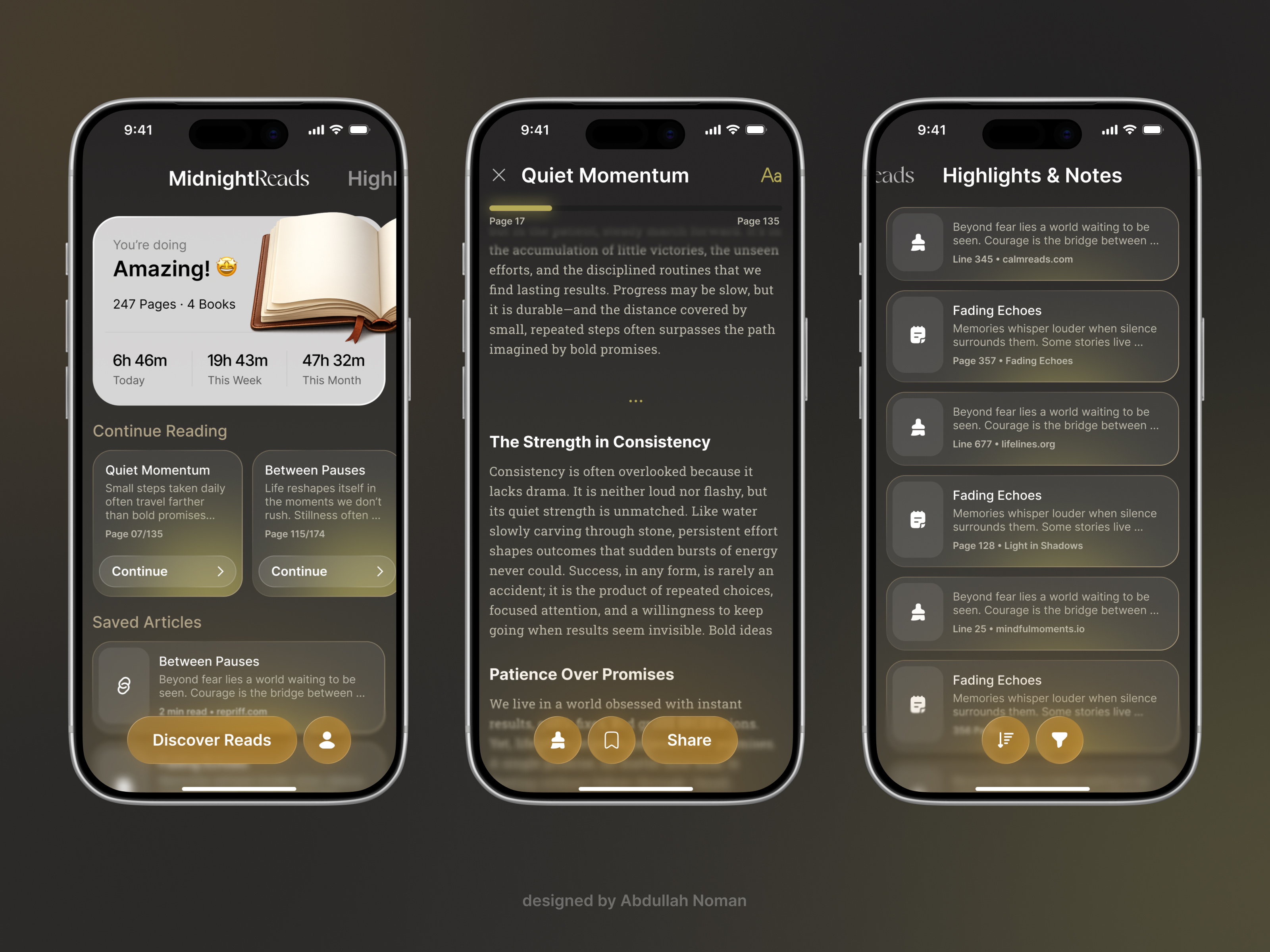 MidnightReads – Dark Mode Reading App UI Design 📚✨ app concept app ui design book app dark mode ui dark ui ebook app figma design ios app design ios ui minimal ui mobile app design mobile ui modern ui notes app premium ui reading app ui design ui inspiration ux design ux inspiration