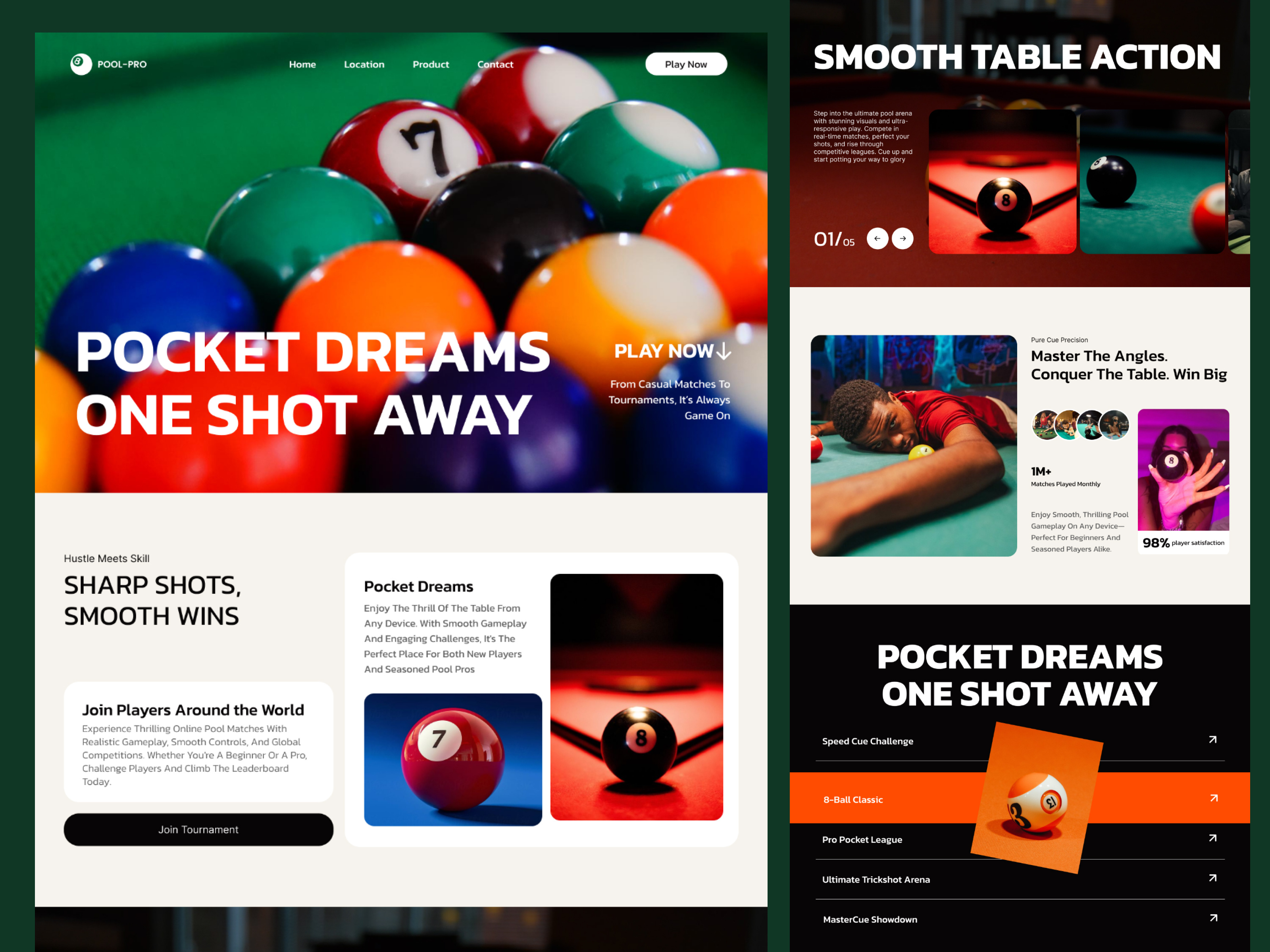 PoolPro — A Smarter Way to Book Your Next Game ecommerce game game ui landing mobile app pool pool landing page poolgame pro sports sports landing page techwitpro uiux web branding web design webflow website wordpress