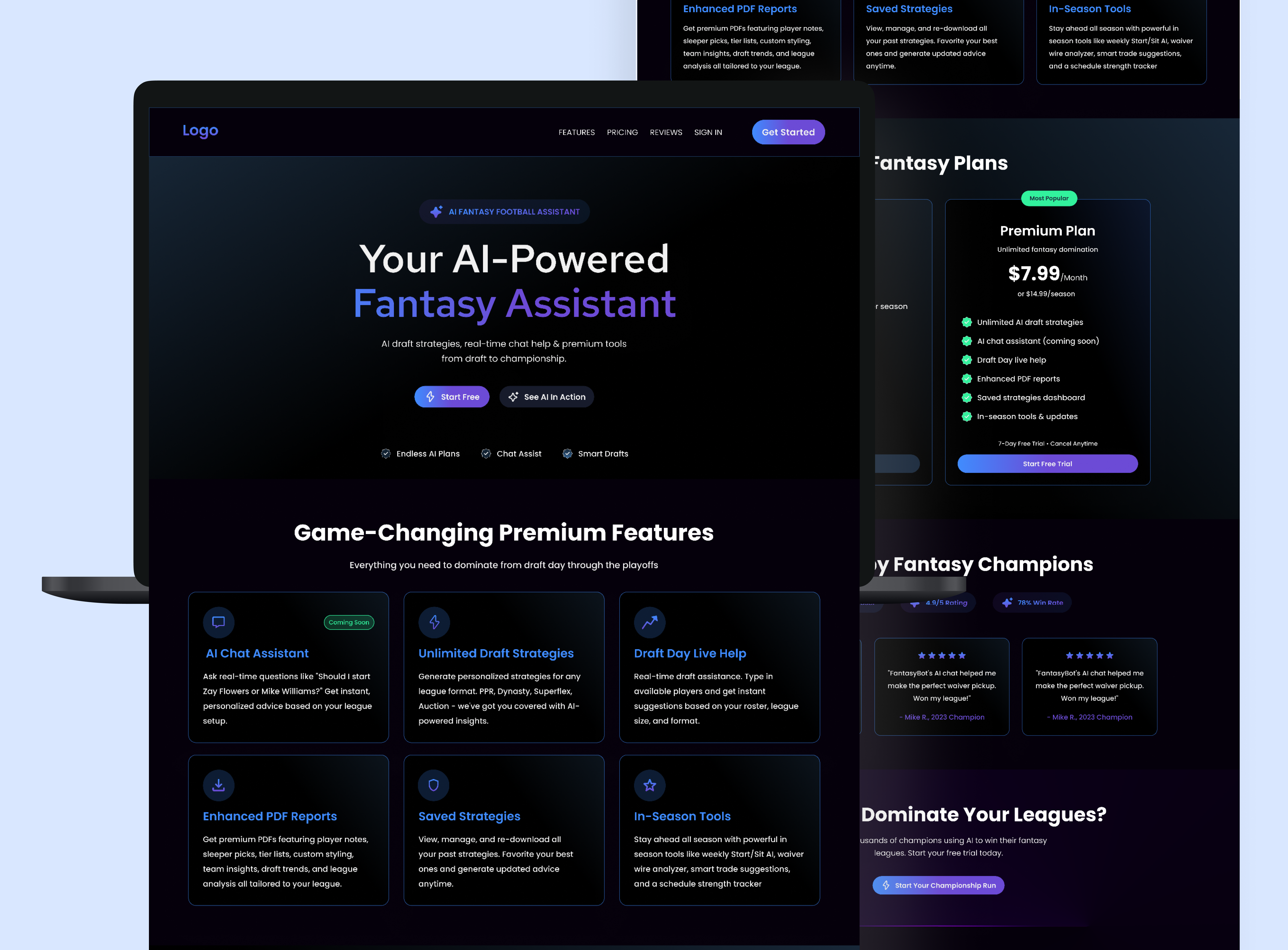 FantasyBot — AI-Powered Fantasy Sports Assistant ai fantasy sports assistant dark mode web design fantasy sports app ui landing page ui modern web ui pricing page design saas ui design startup saas design web app design web app interface design