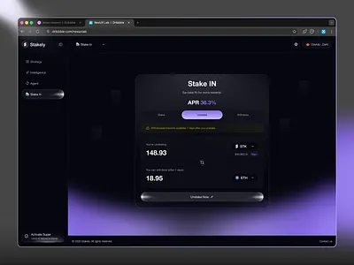 AI Dashboard | Unstake Page ai blockchain crypto crypto dashboard crypto exchange dark ui defi app fintech ui saas dashboard staking app web design web3 design