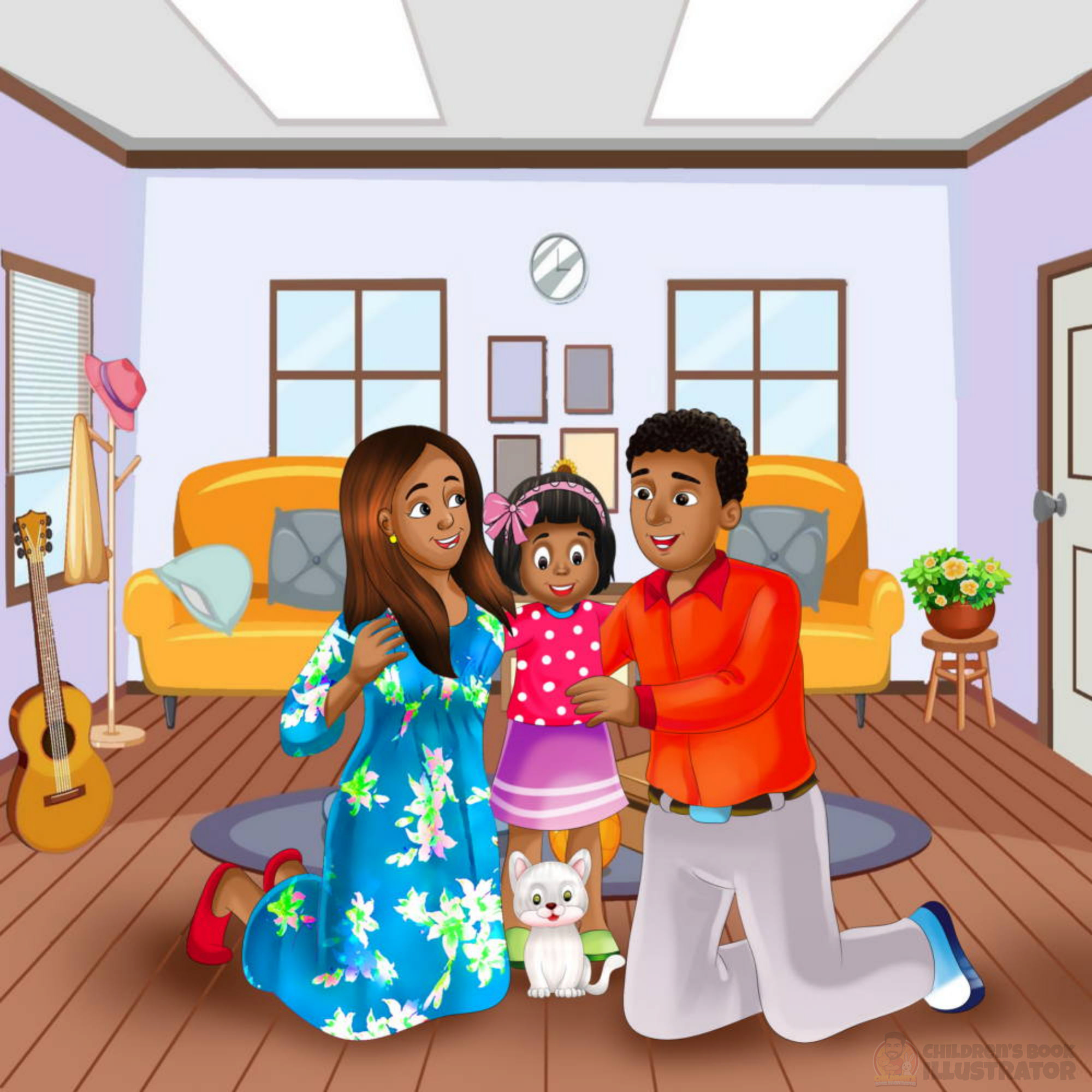 Family Moments | Children's Book Scene african american characters cartoon style character design childrens book illustration childrens book illustrator cute illustration digital illustration diverse characters educational art family illustration happy family home scene kids art kids book art picture book storytelling storytime vector art vibrant colors