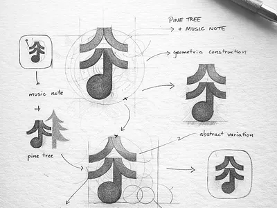 sketch ideas for PINOTE app app icon forest logo design music music logo musical note pine sketch tree