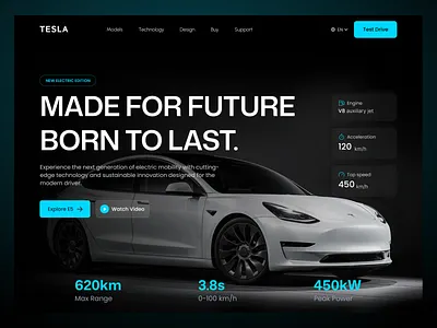 TESLA- Electric Cars Landing Page clean design electric vehicle electric vehicle landing page electric vehicle website ev landing page ev website landing page landing page design sustainability sustainability website ui ui design uiux uiux design ux web web design website website design