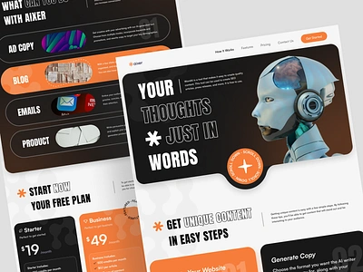 Aixer - AI Copywriting Landing Page ai ai copywriting ai copywriting tool artificial intelligence copy copywriter copywriting landing page pricing saas ui uiux web web design website website concept