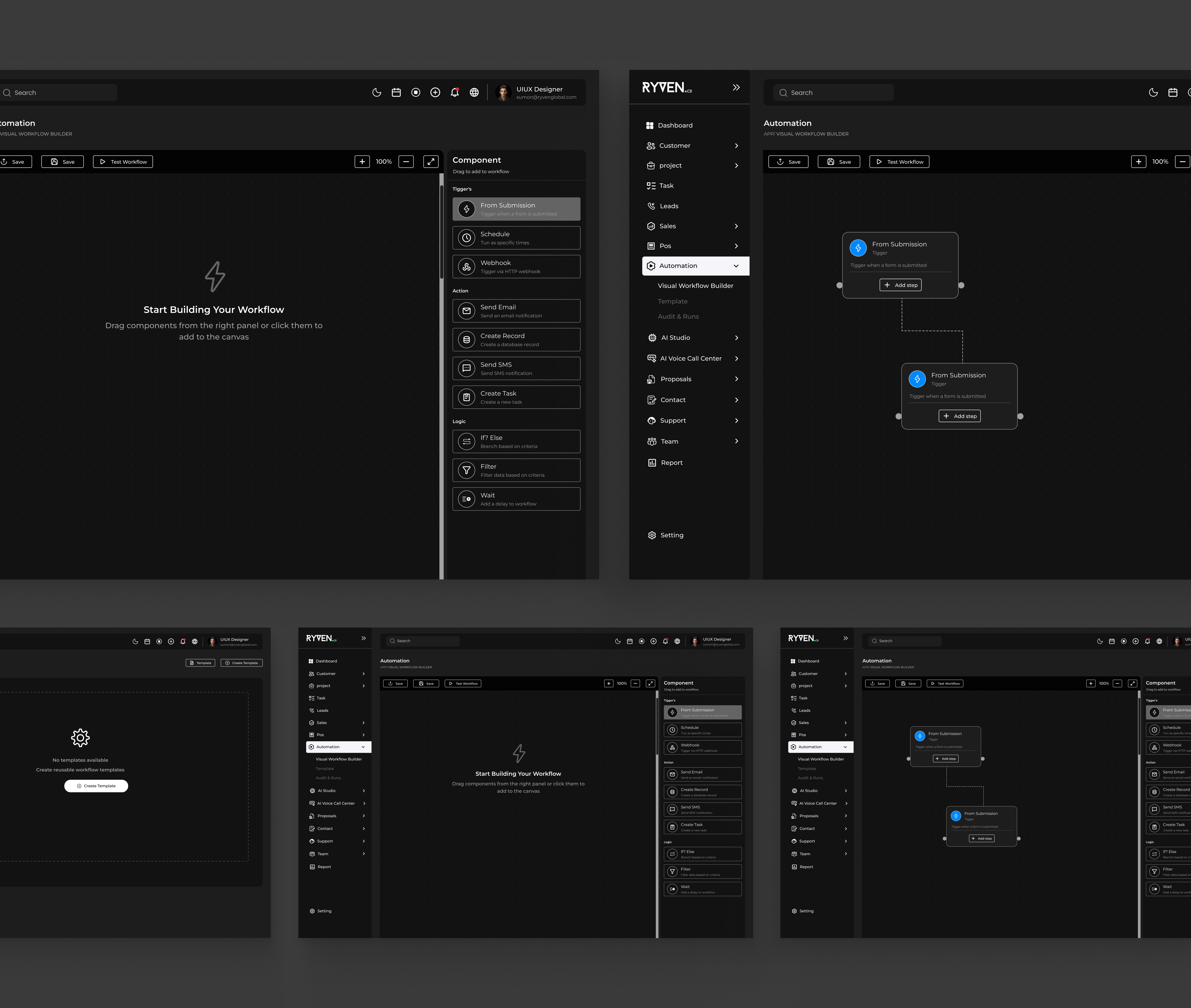 Visual Workflow Builder — Dark Dashboard UI automation design automation ui dark ui dashboard ui drag and drop ui flow builder interface design node based ui saasdesign ui ux ui ux design visual workflow web app ui webappdesign workflow builder
