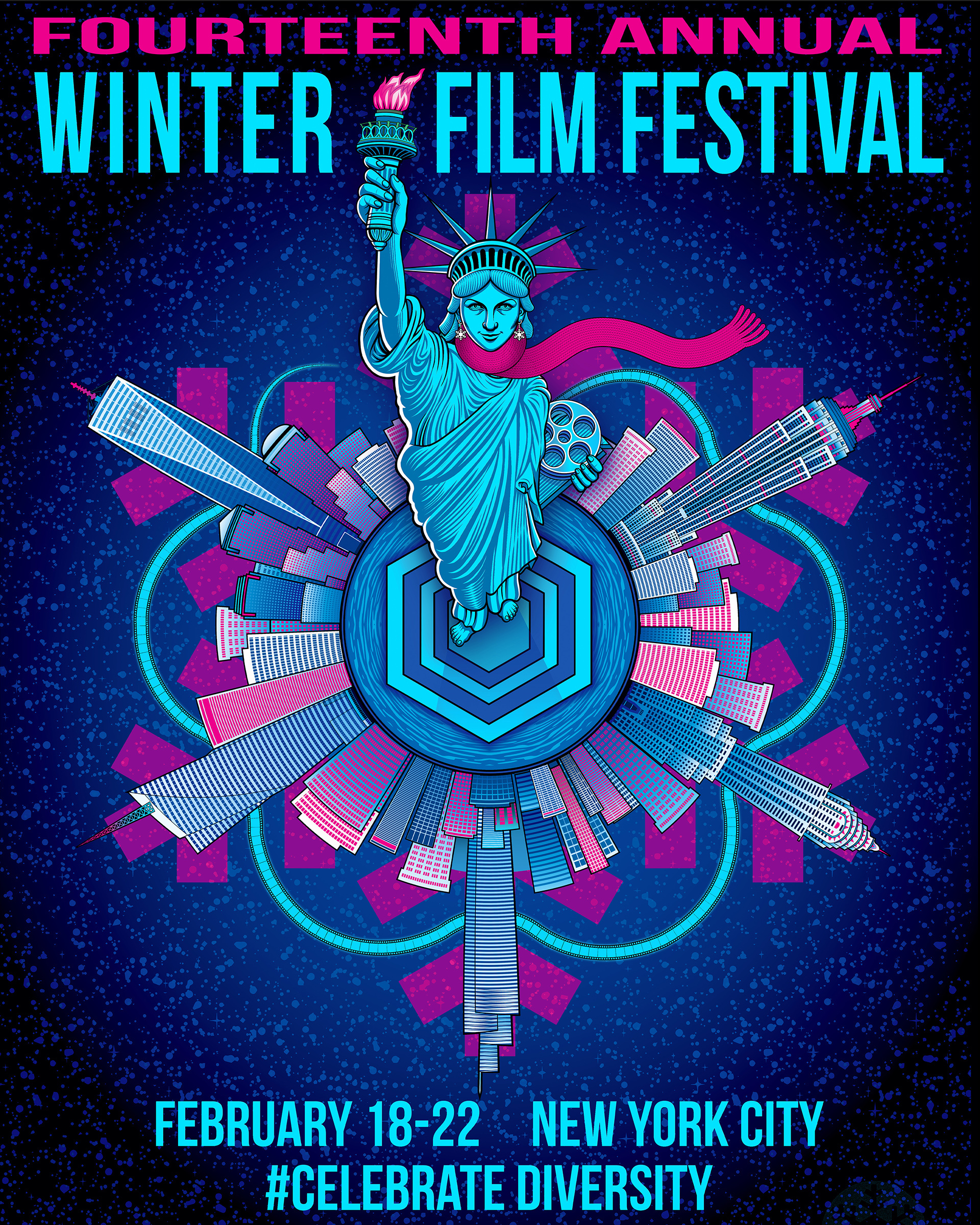 14th Annual Winter Film Festival ellis island film poster gig poster illustration illustrations manhattan movie poster new york new york city nyc poster skyline skyscraper statue of liberty tiny planet vector vector art winter