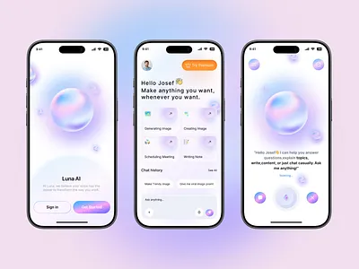 Luna AI – Smart Assistant Mobile App Design. ai assistant ai chat app app design artificial intelligence chatbot ui conversational ui creative ai digital assistant minimal ui mobile app design productivity app saas app smart assistant technology app ui design ux design voice assistant
