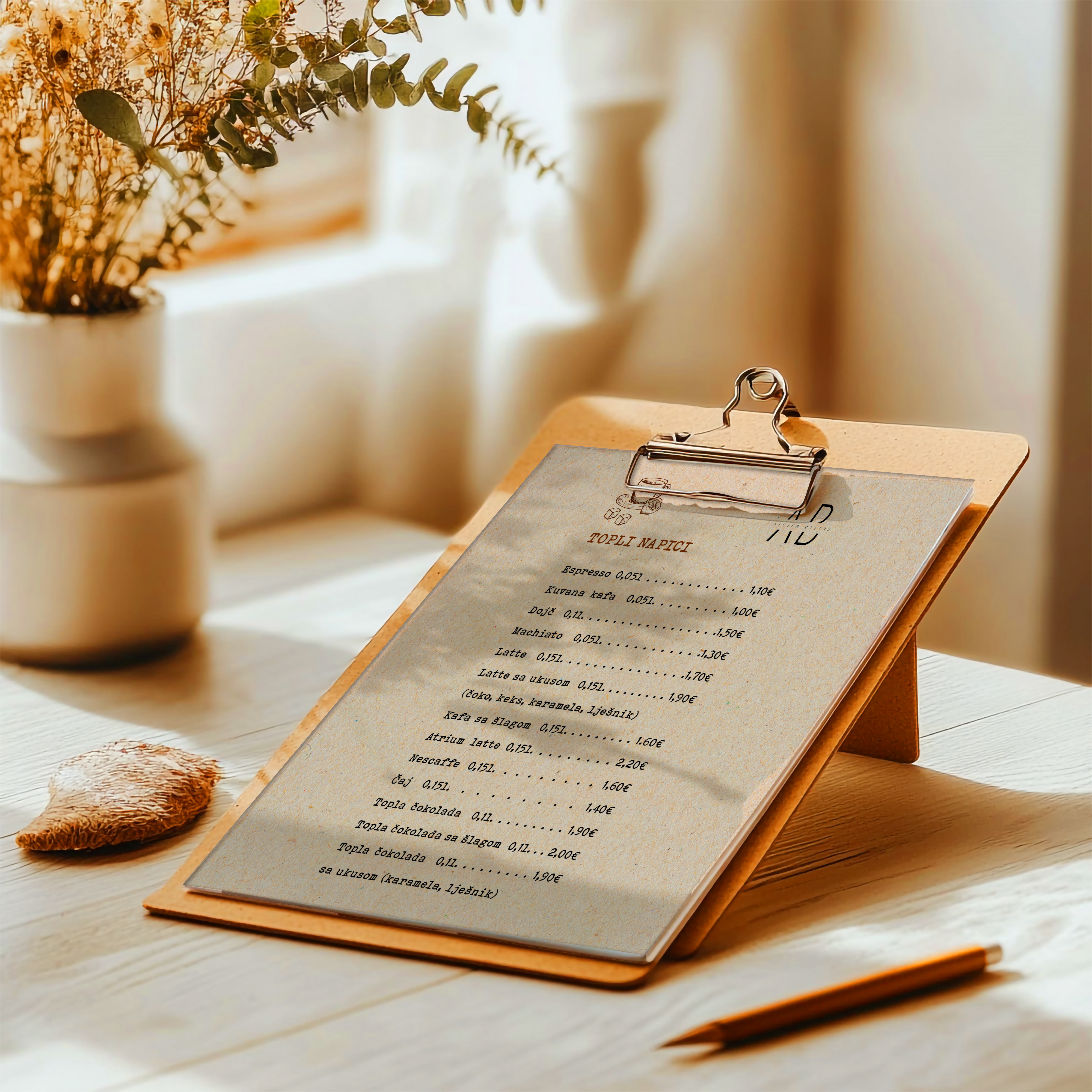 Menu Clipboard - Atrium Bistro bar menu bistro branding cafe menu cocktail list drink menu food and beverage graphic design hand drawn identity illustration menu design minimalist print design restaurant rustic design sketch art typography vintage style visual identity