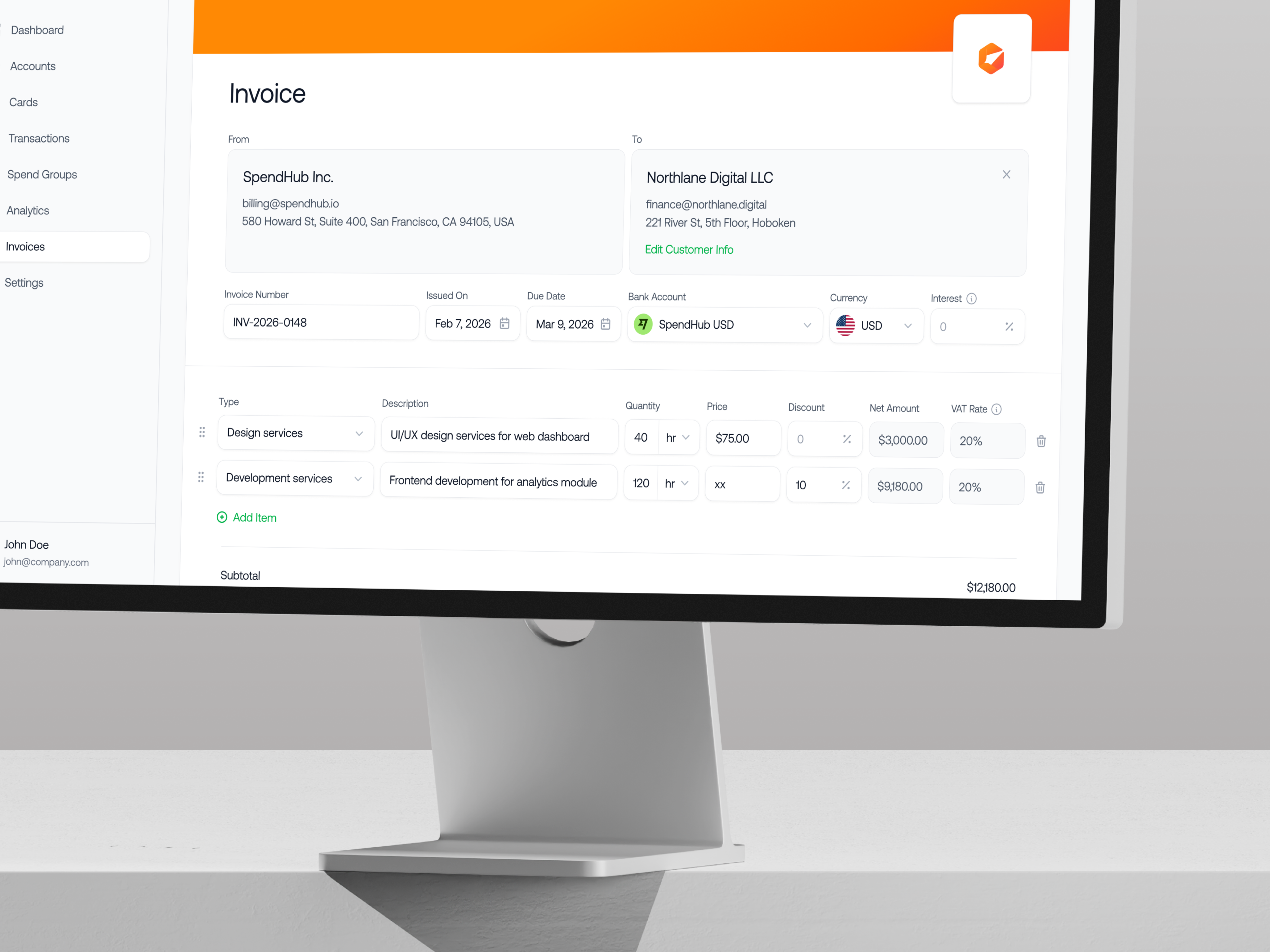 Example of Invoice Creation Interface for B2B SaaS Products