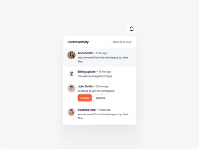 Notifications Panel — Activity Feed UI (Rebound) accept activity billing clean design dashboard decline mark all as read notifications panel recent activity ui ux