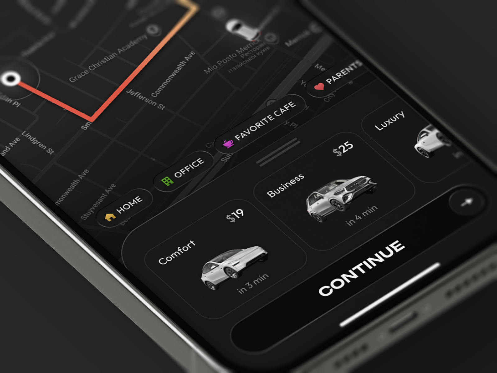 iOS Taxi App UI app black booking car chips dark mode darkui design driver ios location locationsearch map price label saas taxi ui ux
