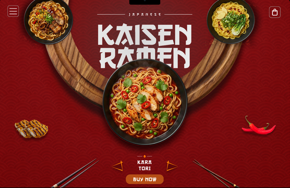 Kaisen Ramen — Motion-Driven Landing Page 🍜 animation anime art dark ui design food food design futuristic ui landing page motion design ramen ui ui design ux design