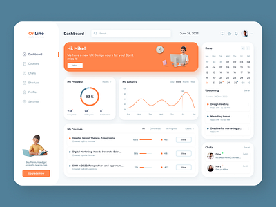 Online study courses dashboard app calender concept dark darktheme dashboard design online onlinecourses orange statistics study ui ux