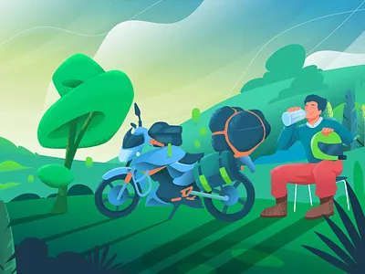 Adventure Break Illustration | Outdoor Travel Story character design character illustration character illustration artwork concept art creative illustration digital illustration flat vector illustration design graphic design illustration illustration design illustrator landscape illustration motorbike travel illustration nature illustration outdoor lifestyle illustration product design travel adventure illustration vector illustration
