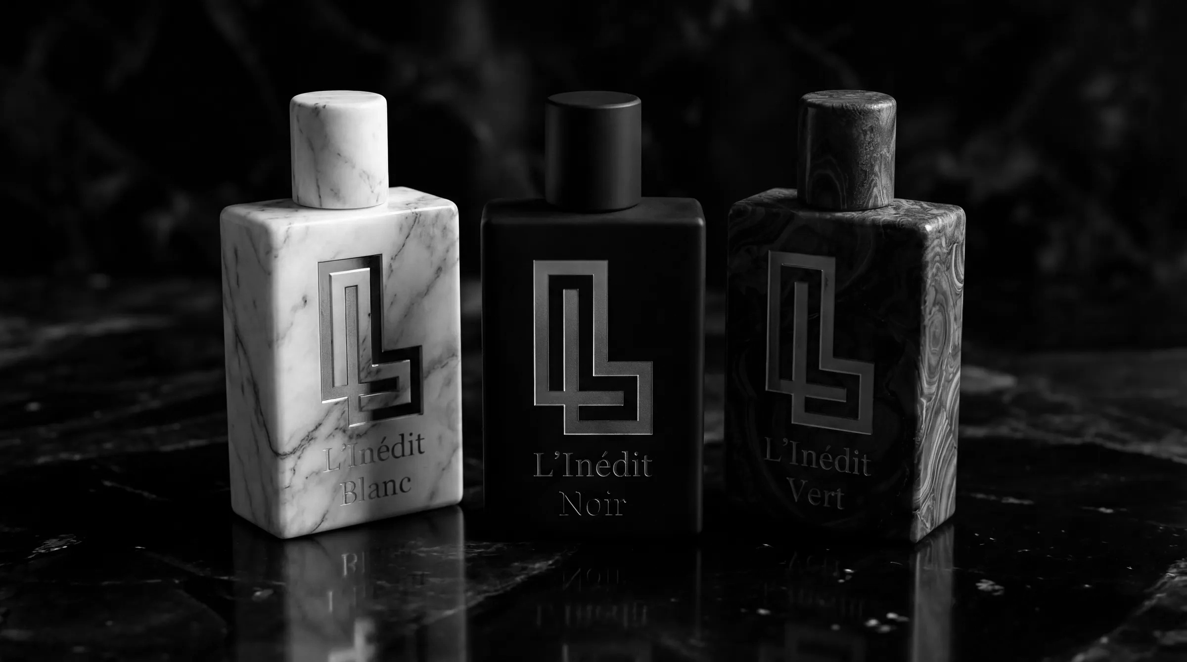L'Inédit — Luxury Fragrance, Branding (Part 2) 3d render art direction branding dark mode foil stamping high end goods linédit luxury packaging malachite marble texture material design packaging design perfume bottle product design