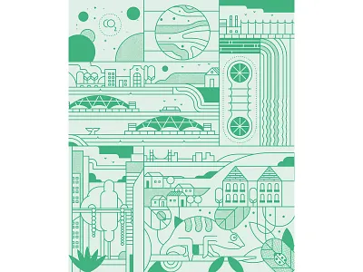 Spatial Planning & New Economic Models air purification building earth editorial editorialillustration flatdesign green halftone housing illustration linework muti nature rise cities spacial planning sustainability sustainable city trees vector water