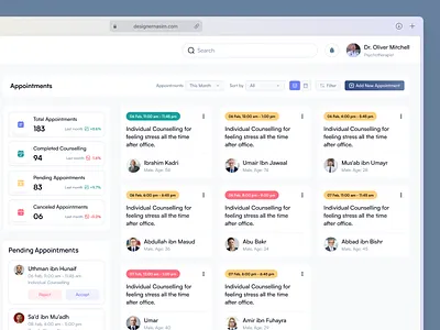 Mental Health - Appointments Dashboard ai mental health ai saas appointment management appointments dashboard dashboard design doctor dashboard healthcare dashboard healthcare platform healthcare website medical appointments medical web app mental health mental health app mental health saas mental health website online therapy saas product design telemedicine web app design