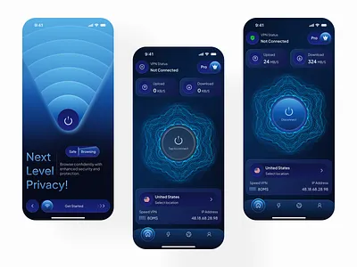 Smart VPN Privacy Protection Mobile App app design app interface cyber security cyberpunkdesign dark mode ios app mobile app mobile app design mobile ui mobile ux modern ui network security privacy app product design secure browsing ui design ux design vpn vpn app vpn service