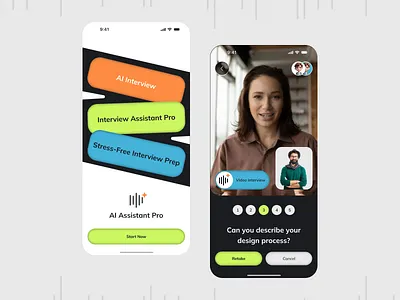 AI Interview Assistant – Mobile App UI ai app chatbot interview app interview preparation job job prep app mobile app smart assistant uiux ux design video interview