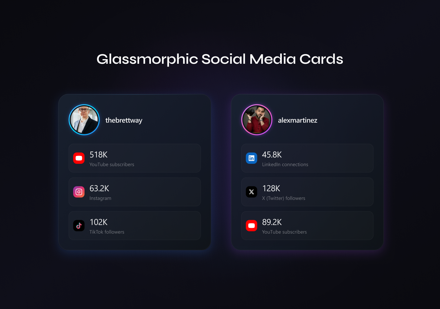 Premium Dark Mode Glassmorphic Cards dark mode figma social media socialmedia card ui uiux youtube card