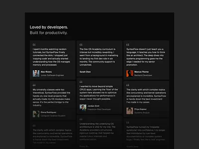 Syntaxflow - Testimonial section advertising branding component course dark design graphic design landing landing page saas testimonial ui ui component web design website website section