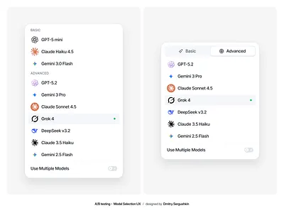 A/B Testing a Model List ab testing ai interface ai model ai model list ai model selection ai models ai product design ai settings compact dropdown content section design component dropdown menu menu list modal dialog model dropdown model selector multi llm selector saas selector control ux design
