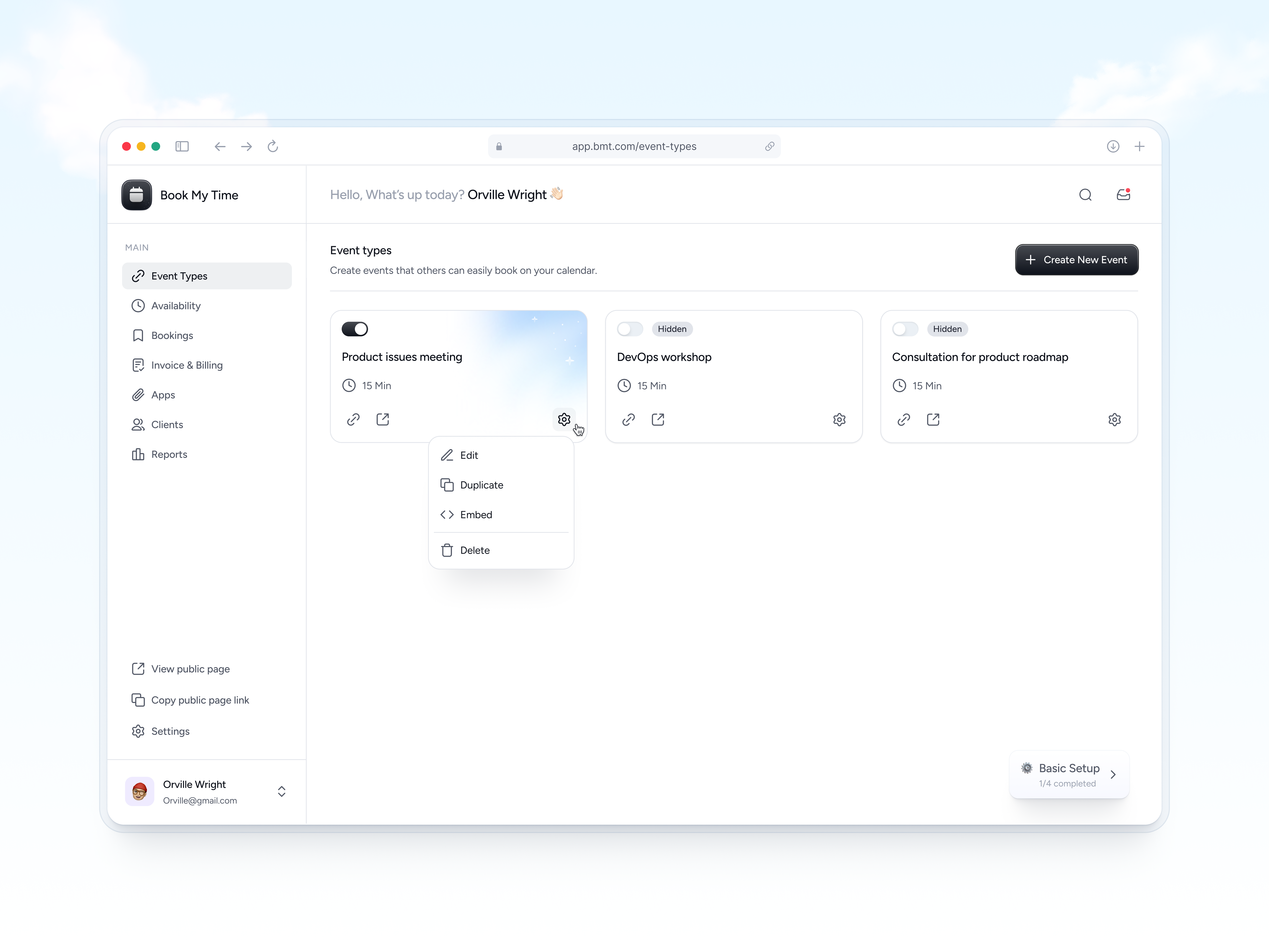 Book My Time — Event types for SaaS scheduling software appointment software book my time booking dashboard interface design online appointment product design product designer ryt brothers saas saas design schedule scheduling app scheduling software software design ui uiux ux web app web app design