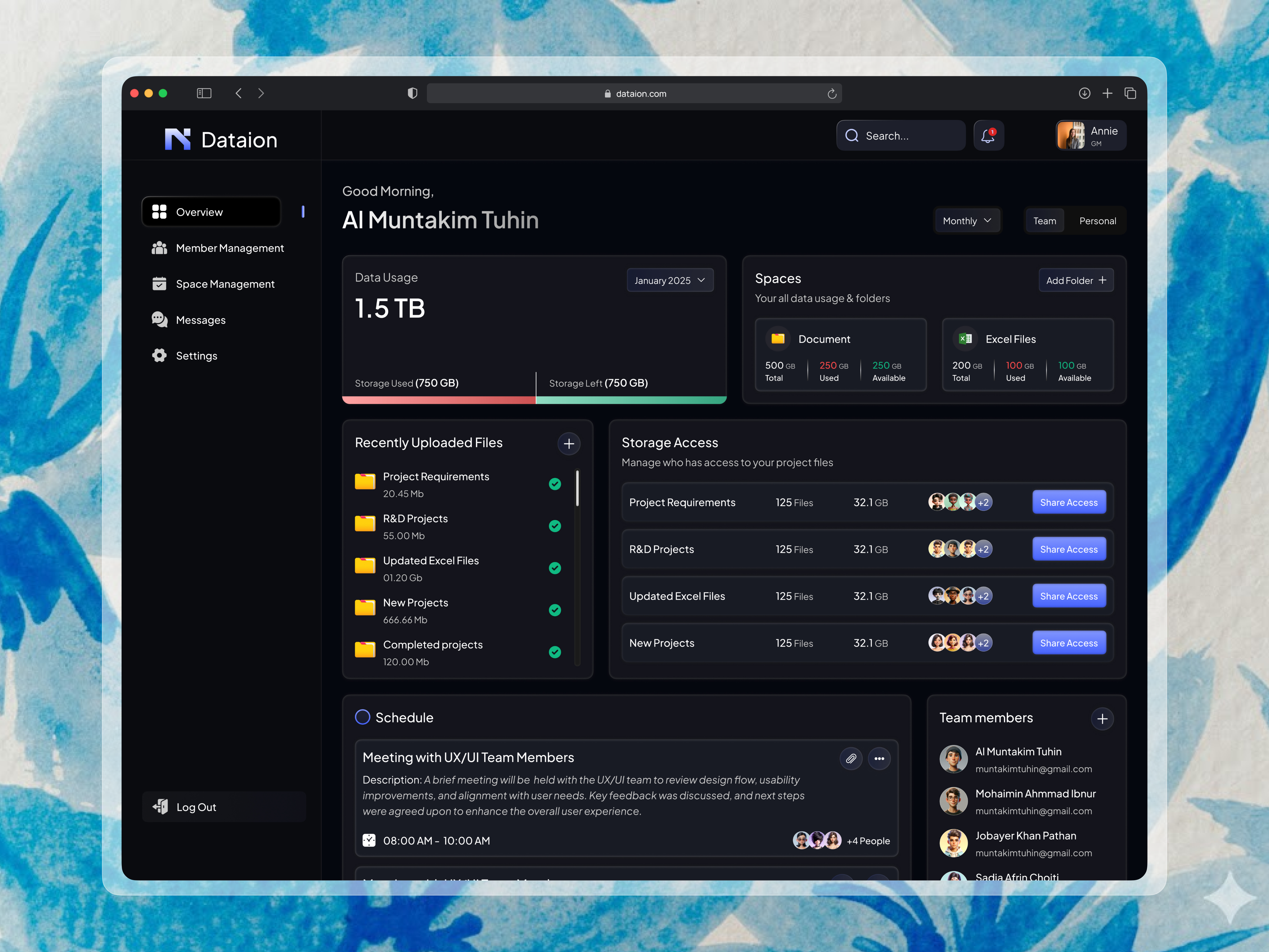 Dataion Workspace Dashboard admin dashboard analytics dashboard cloud storage collaboration tool dark mode ui dashboard ui data management design system enterprise ui modern interface product design saas platform team collaboration ui inspiration ux design web app design
