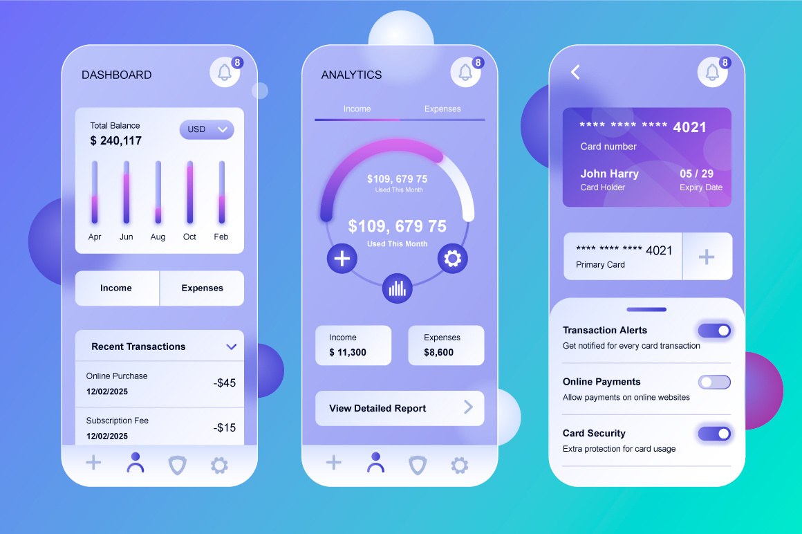 Finance & Wallet App UI, Analytics & Card Management analytics app design card management dashboard figma finance app fintech glassmorphism gradient mobile app product design ui ui design ui ux design ux ux design wallet app