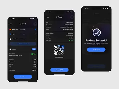 Event Ticket Checkout & E-Receipt App UI animation app app design fintech app ui ios app design mobile mobile app ui mobile transaction ui modern app interface modern checkout app ui ux design payment app design product design qr code ticket app ui receipt app design ticket booking app ticket booking app ui
