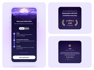 Sleep App — Paywall & Social Proof UI appdesign calmui darkui mobileux paywallux productui sleepapp subscriptionflow uxui wellnessui