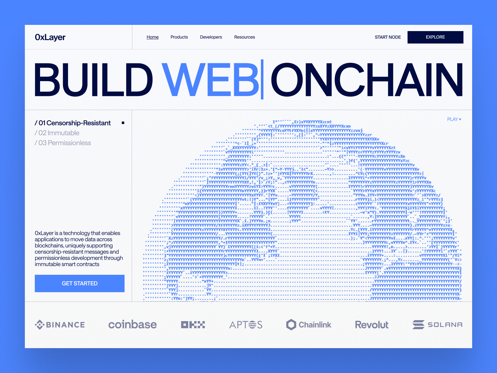 Onchain WEB | Hero Section ascii blockchain blue censorship resistant crypto decentralization defi developer tools ecosystem fintech landing page minimal onchain permissionless proof of stake tech ui ux web3 website design