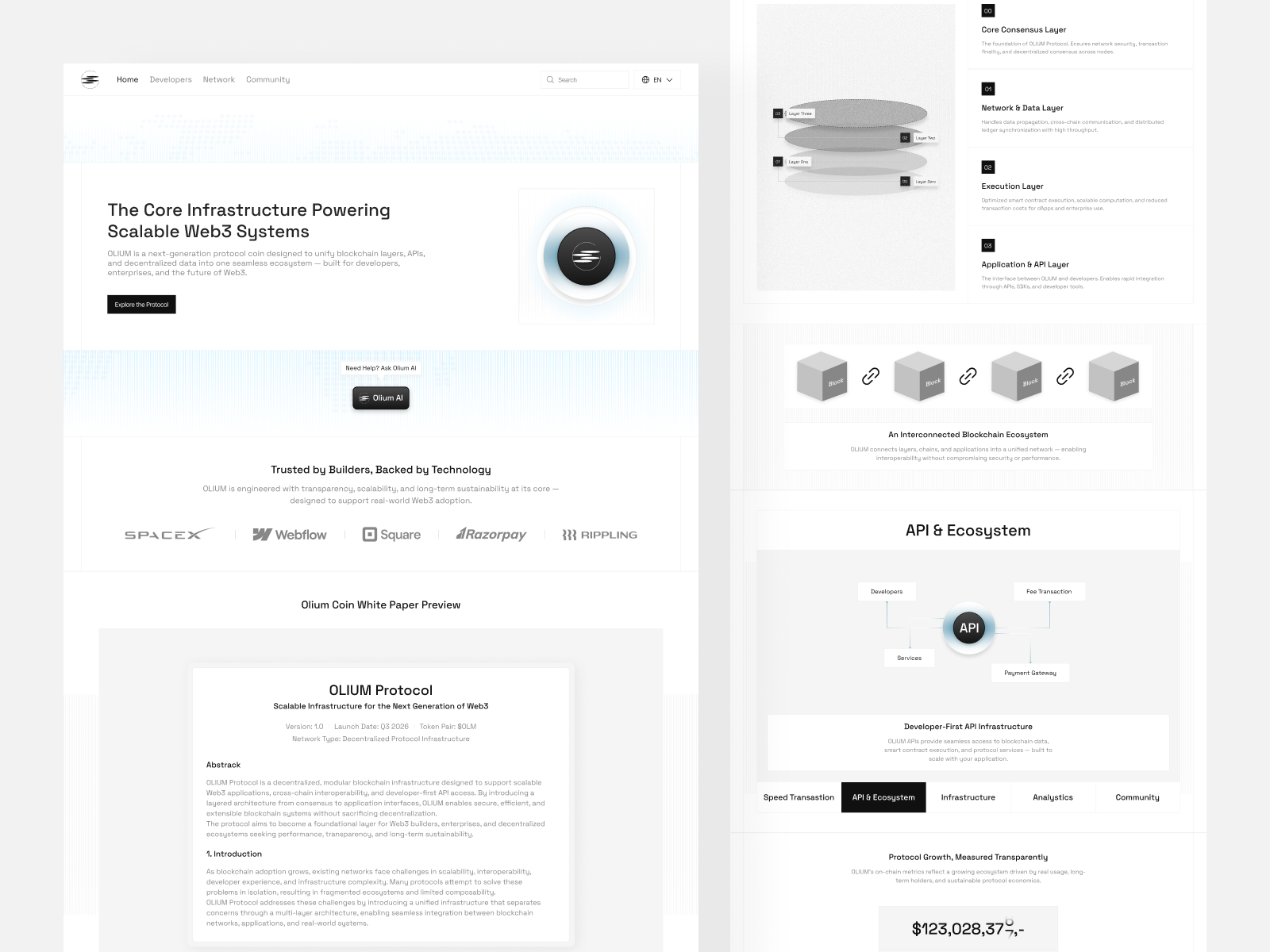 OLIUM Network — Scalable Web3 Infrastructure buildwiththink clean coin crypto crypto landingpage crypto website cryptocurrency infrastructure landingpage protocol structure transaction transfer ui uiux ux web2 web3 website