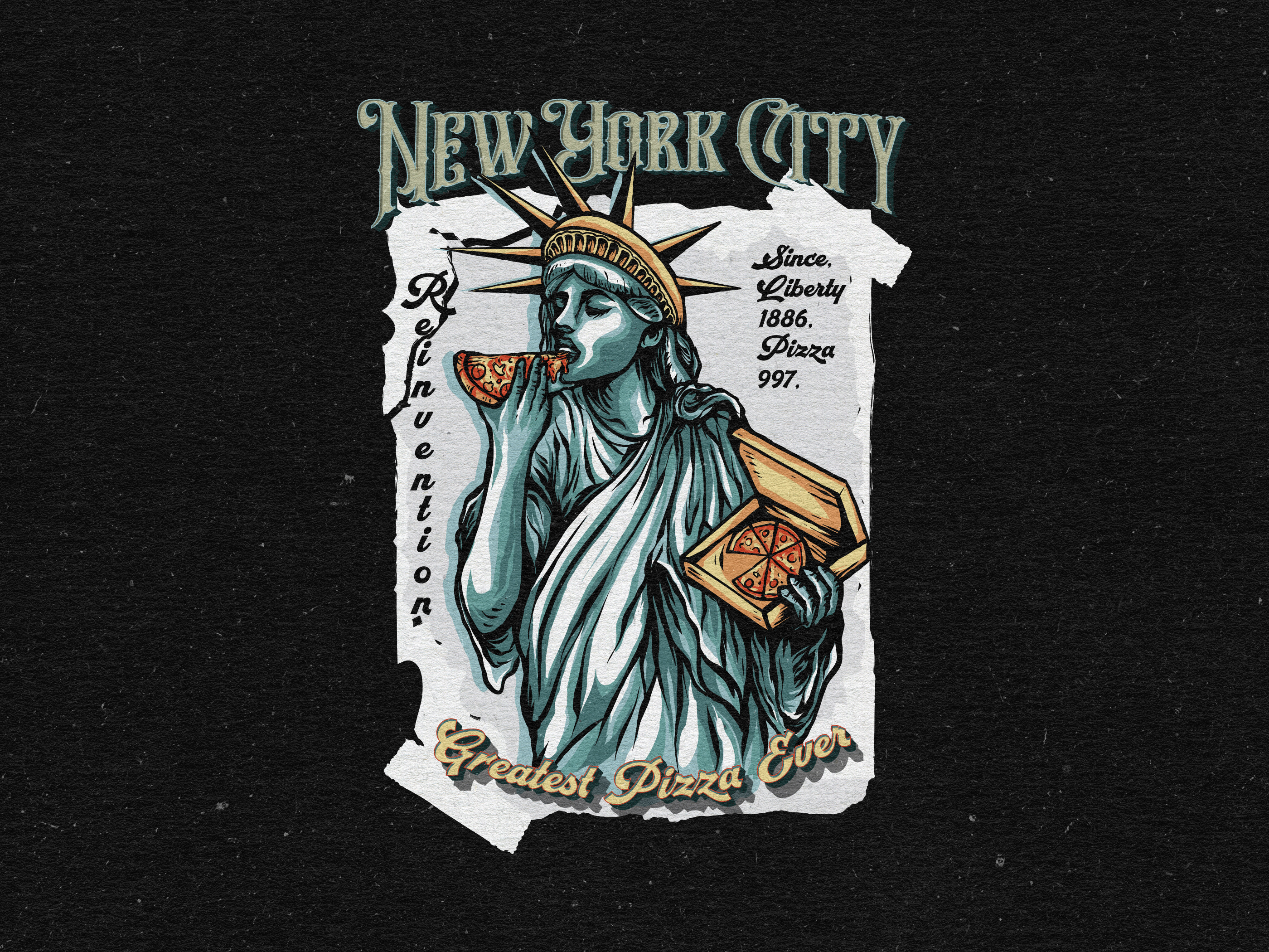 New York City : Vintage T-Shirt Illustration apparel appareldesign artwork graphictee hand drawn illustration liberty memedesign merchandise newyorkcity pizzadesign retro pizza retrodesign statueofliberty streetwear streetweardesign t shirt vintage vintageillustration