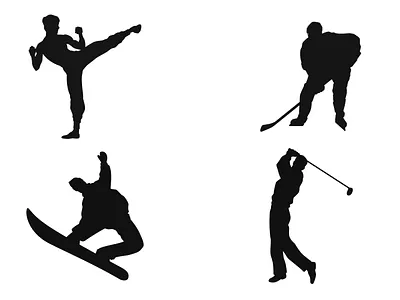 Dynamic Sports Silhouettes Collection action sports active lifestyle athlete silhouette athletic movement black silhouette competition dynamic pose extreme sports fitness golf swing ice hockey player isolated figures martial arts kick motion snowboarder jump sports illustration sports silhouette training vector style winter sports