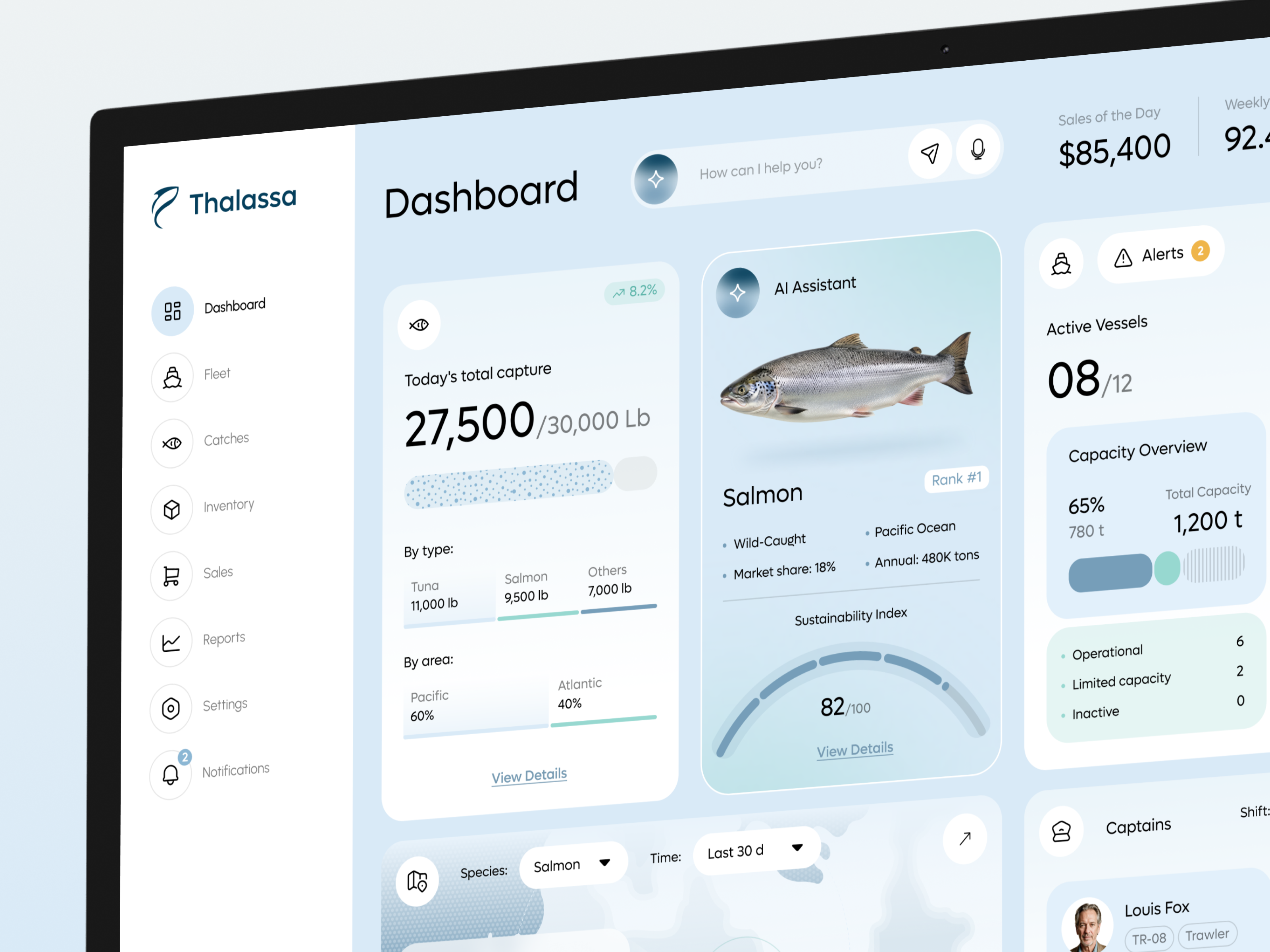 Thalassa - Sustainable Fishing Analytics ai analytics dashboard dataviz designconcept display fishery fishing analytics inspiration maritime panel dashboard product design technology ui design uiux ux design