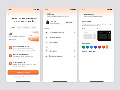 Social Media Analytics App: Subscription, Settings & Appearance app design app design ios app product design gradient ios ios app design mobile mobile app mobile app design paywall paywall and substription preferences product design sclkjv setting settings settings and preferences subcription subscribe uiux