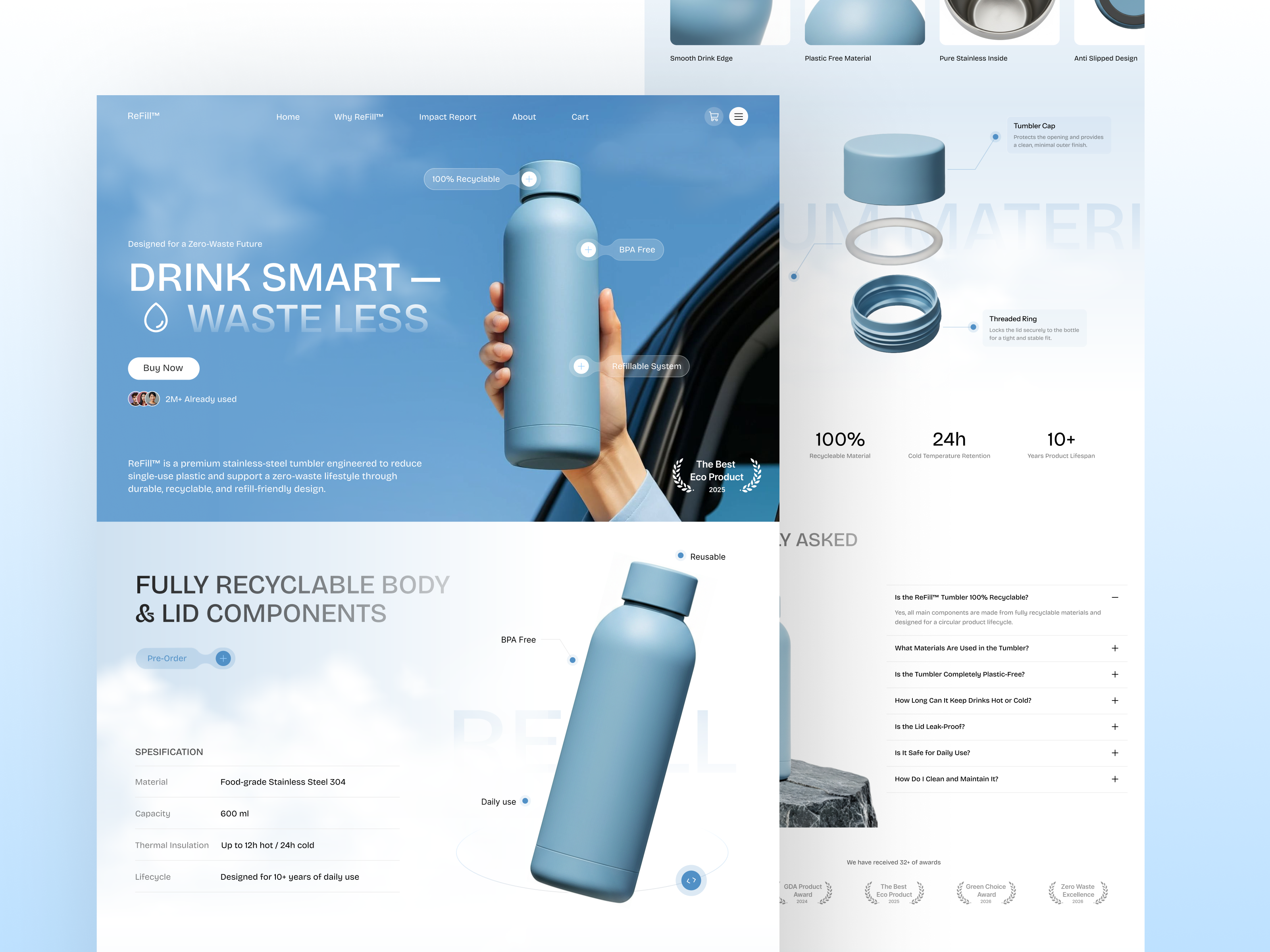 ReFill™ — Zero Waste Tumbler Landing Page brandidentity cleandesign dribbble ecobrand ecofriendly ecommerce greenproduct landingpage minimaldesign productdesign recyclable refill sustainabledesign sustainableliving tumbler uidesign uiux uxdesign webdesign zerowaste