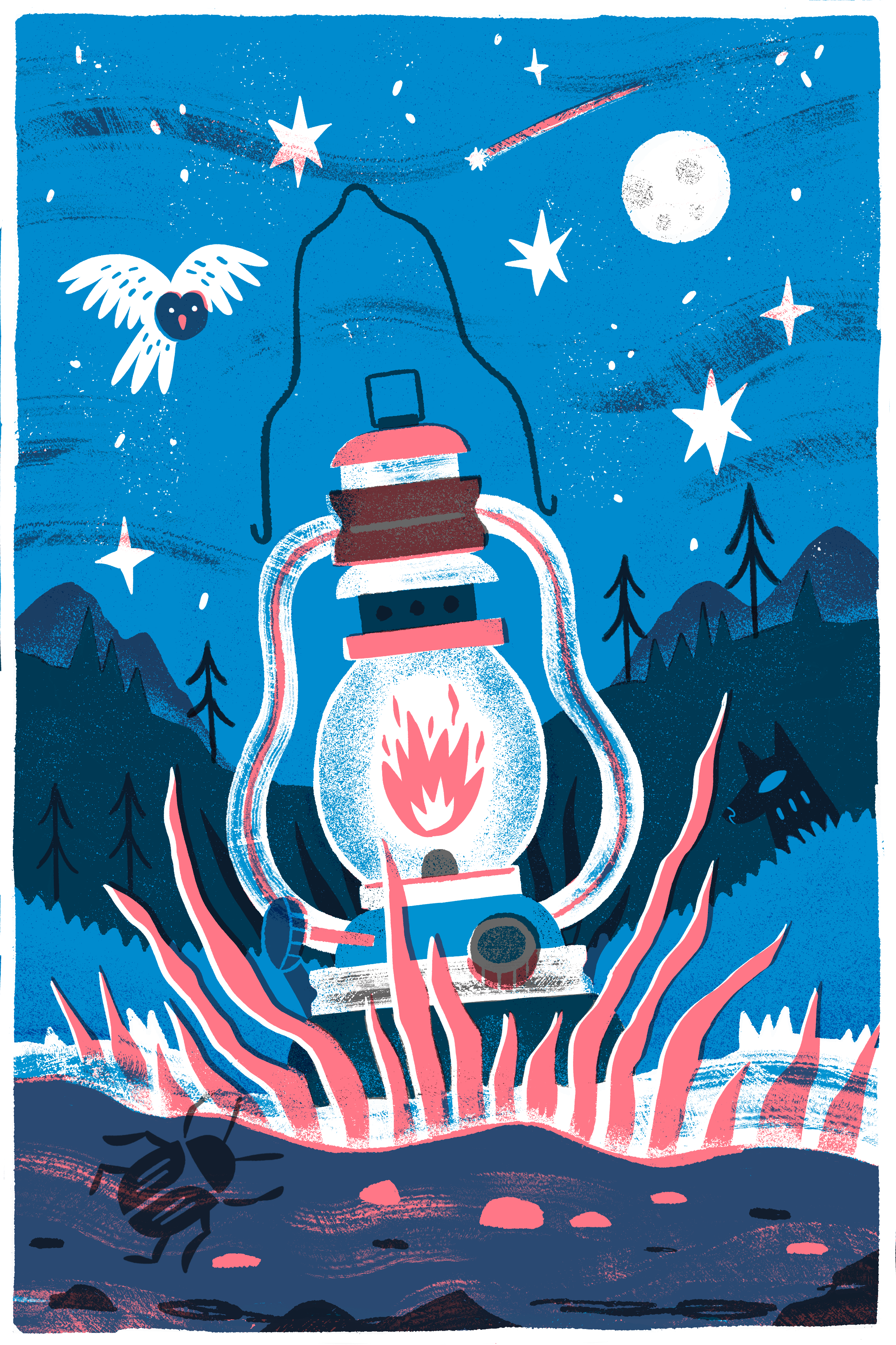Lantern camping design fox illustration lantern outdoors owl procreate risograph texture
