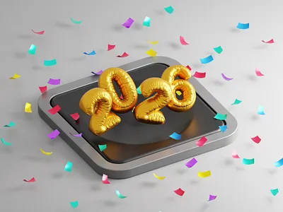 Happy New Year 2026 2026 3d 3d illustration 3d modeling balloons branding confetti happy new year hero image illustration lettering new year new year eve party type typography ui illustration
