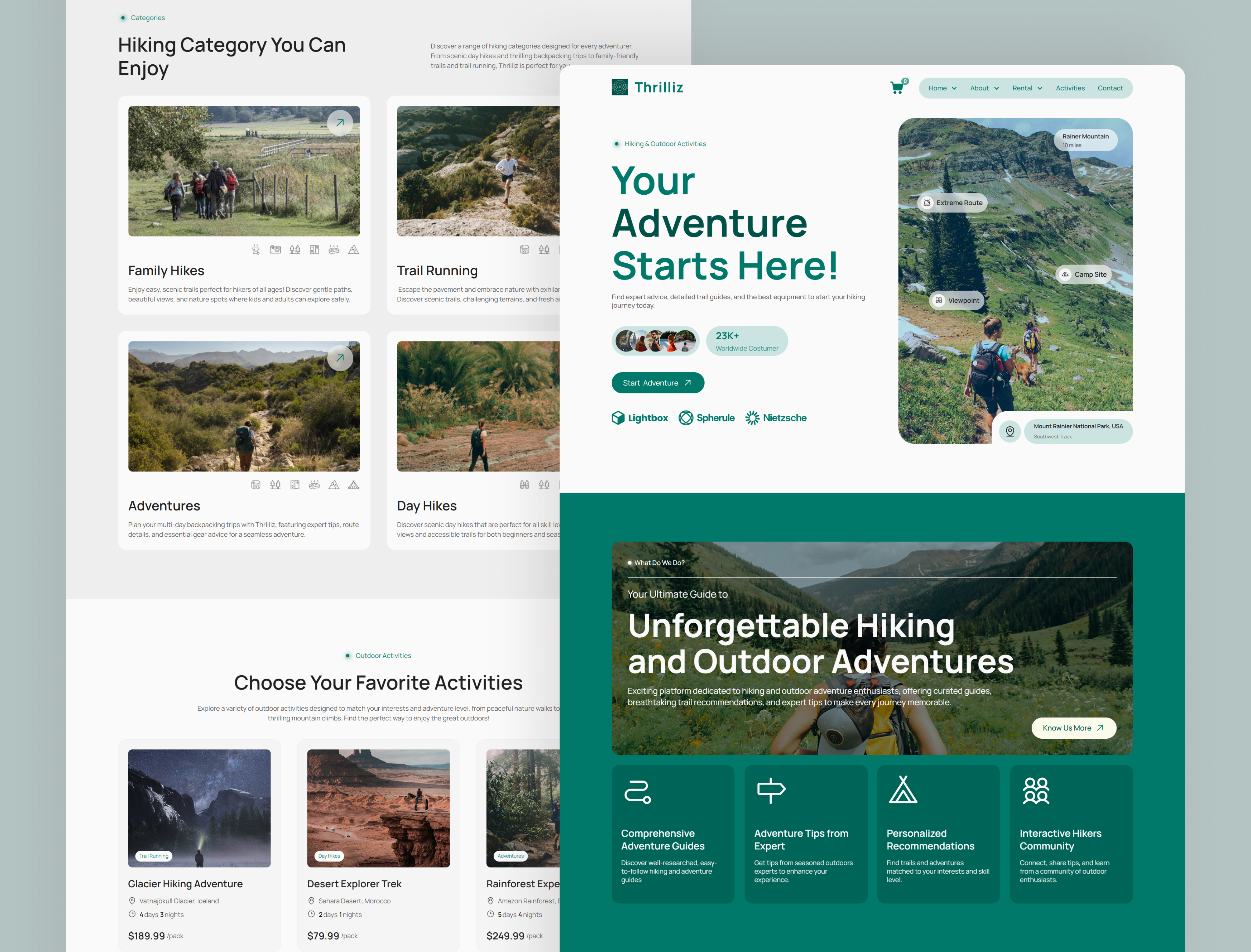 Thrilliz Homepage 1 & Contact Page – Hiking Webflow adventure contact page hiking ix design modern website nature no code outdoor responsive landing page travel website ui design ui inspiration ui showcase ui trends uiux webdesign webflow