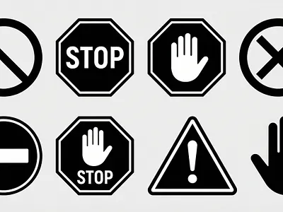 Black and white prohibition icons set on light background. black and white signs cancel cross icon caution alert graphic danger exclamation mark forbidden symbol pack graphic design hand stop gesture isolated vector illustration minimal safety icons modern flat design​ no entry sign prohibition icons set stop sign symbol traffic prohibitory symbols ui ui warning icons warning symbols collection