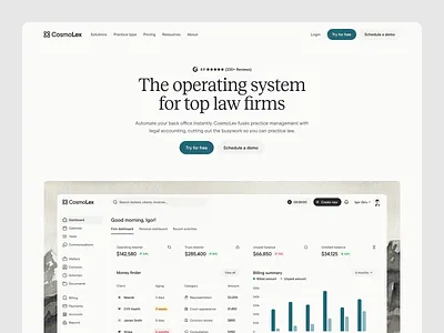 CosmoLex — Legal Practice Management Website Design b2b web design clean ui corporate website fintech design homepage landing page law firm design legal tech legal website minimalist modern web responsive design saas website startup website technology typography ui ux web design web layout website