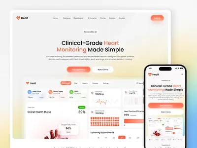 Heart Monitoring dashboard Landing page -Responsive View analytics dashboard cardiovascular health clean ui design dashboard design fitness dashboard health app health dashboard health tracking healthcare ui heart monitoring dashboard heart rate app medical app ui medical dashboard medical technology mobile health modern ui responsive design smart health app uiux design vital signs monitoring