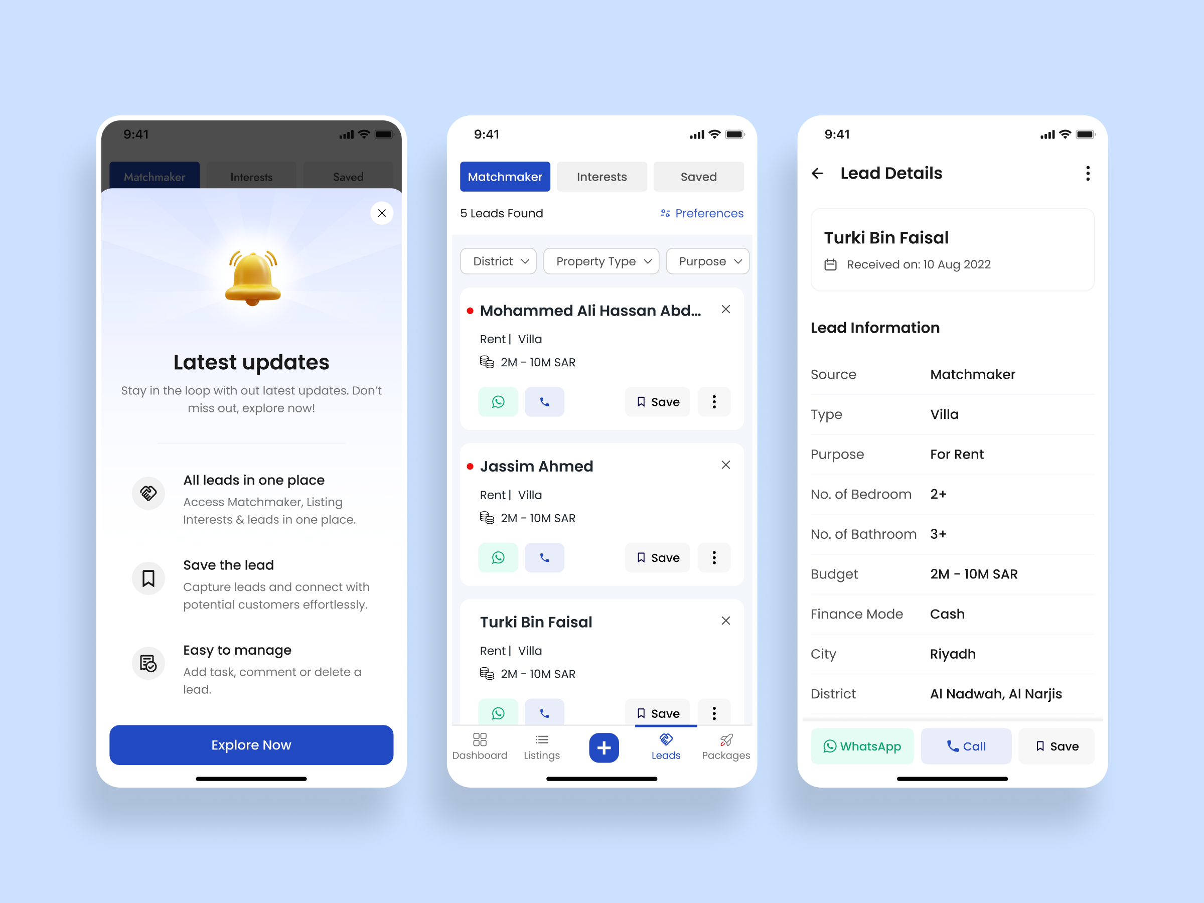 Lead Management - Real Estate B2B Mobile App appdesign appui b2bapp bottomsheet carddesign contactwhatsapp dashboard infoscreen leadmanagement leadmanagementapp notification notificationdot onboarding realestate saasdesign save
