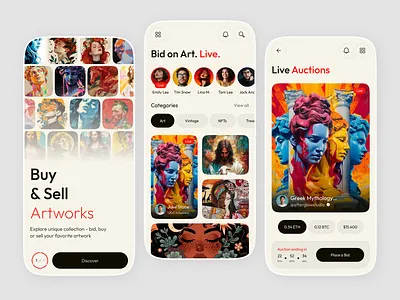 Live Art Auction Marketplace Mobile App UI app design art app art exhibition art gallery art marketplace auction bidding buy and sell clean ui digital art app ios live auction mobile app museum app nft nft marketplace uiux visual design web3 ui