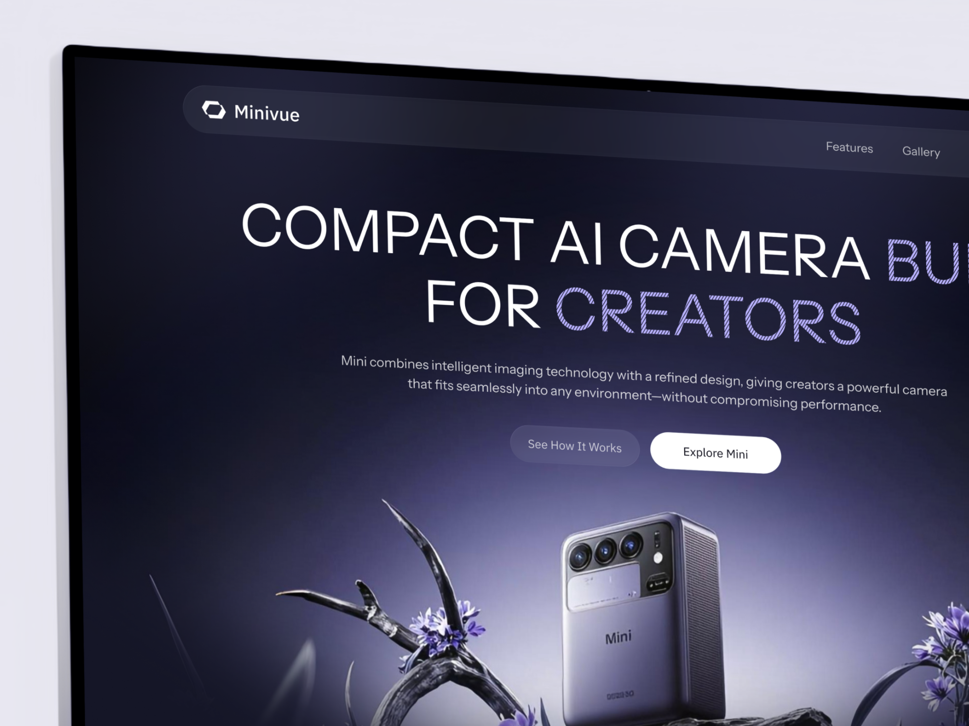 Compact AI Camera Landing Page camera website creator economy dark ui device showcase futuristic design glow effect landing page luxury marketing page next gen product showcase smart camera smart device web web aesthetic web design website design