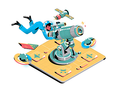 Telescope astronomer isometric laptop planet research sky star