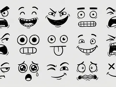 Funny Cartoon Faces Icon Set angry face black and white illustration cartoon faces comic art crying face doodle art emoticons emotion icons expressive eyes facial expressions funny characters graphic design hand drawn icons happy face minimalist drawing sad face screaming face sketch style surprised face tongue out emoji