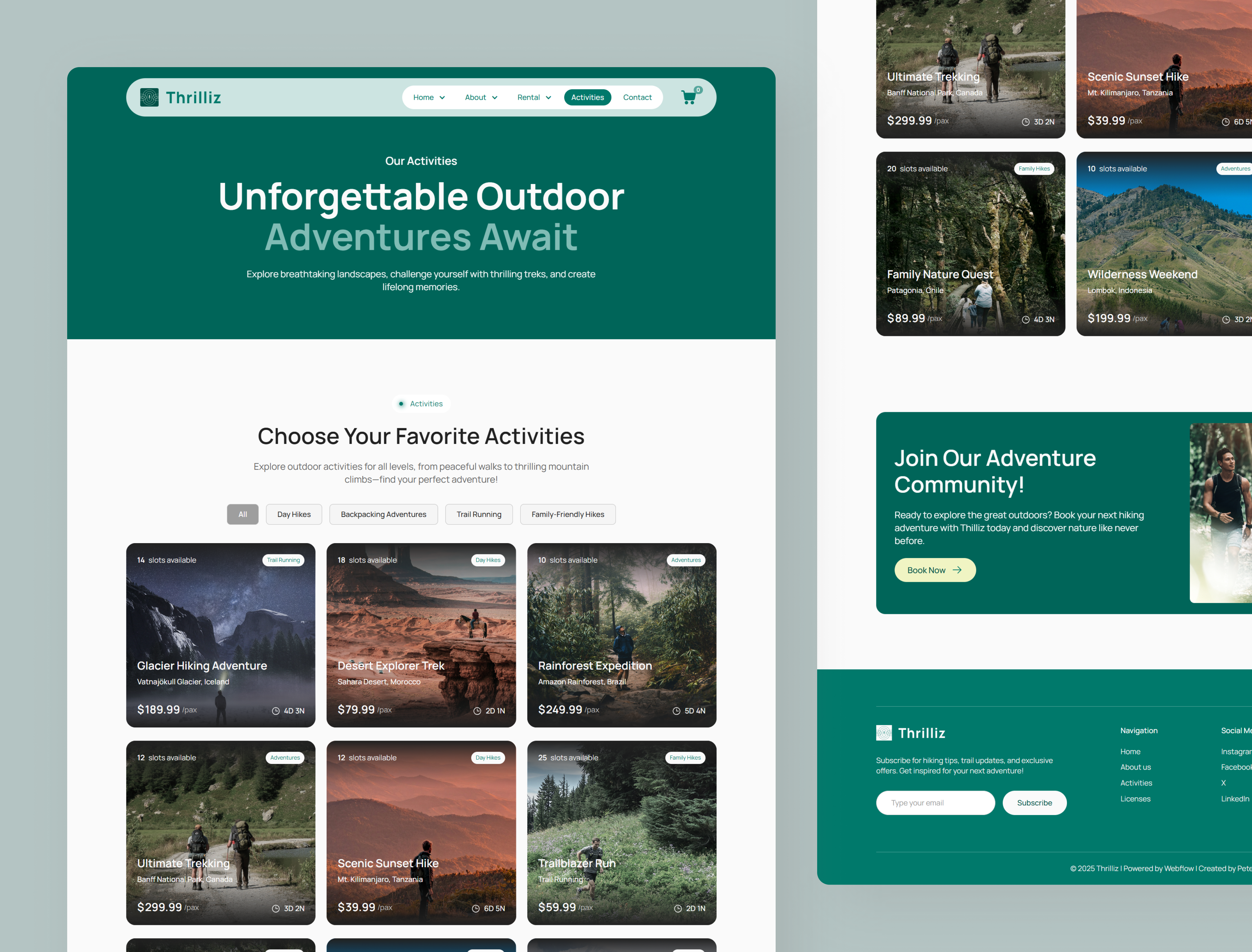 Thrilliz Activities Page – Hiking & Outdoor Activities Webflow activity page adventure explore hiking modern website nature no code outdoor responsive travel website ui design ui inspiration ui showcse ui trends uiux ux design web design webflow